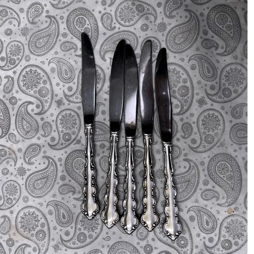 Vintage Style Stainless Steel Dinner Knives Set of 5 Ornate Handle
